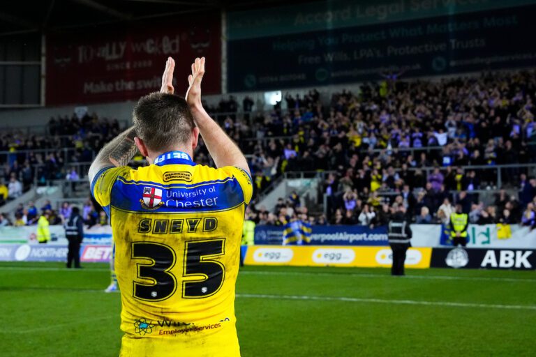 Picture by Olly Hassell/SWpix.com - 21/03/2025 - Rugby League - Betfred Super League Round 5 - St Helens v Warrington Wolves - The Totally Wicked Stadium, St Helens, England - Marc Sneyd of Warrington thanks the fans and supporters after his sides win over Saints