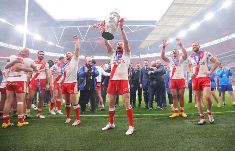 Picture by Ed Sykes/SWpix.com - 07/06/2025 - Rugby League - Betfred Challenge Cup Final - Warrington Wolves v Hull KR - Wembley Stadium, London, England - Hull Kingston Rovers' James Batchelor left the trophy