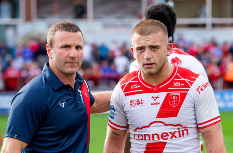 Picture by Allan McKenzie/SWpix.com - 07/09/2025 - Rugby League - Betfred Super League Round 25 - Hull KR v Hull FC - Sewell Group Craven Park, Hull, England - Hull KR's coach Willie Peters and Mikey Lewis after victory over Hull FC.