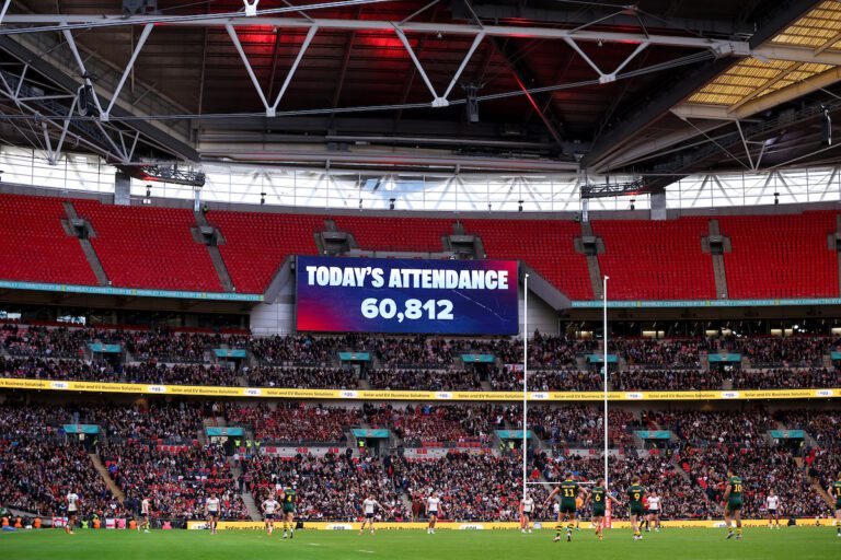 Picture by Ed Sykes/SWpix.com - 25/10/2025 - Rugby League - 2025 ABK Beer Rugby League Ashes - England v Australia - Wembley Stadium, London, England - The Brief, The attendance of 60,812 is announced on the big screen