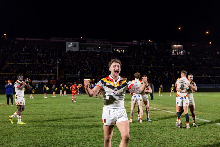 Picture by Alex Whitehead/SWpix.com - 20/02/2026 - Rugby League - Betfred Super League: Round 2 - Bradford Bulls vs Catalans Dragons - Bartercard Odsal Stadium, Bradford, England - Eliot Peposhi of Bradford celebrates the win.