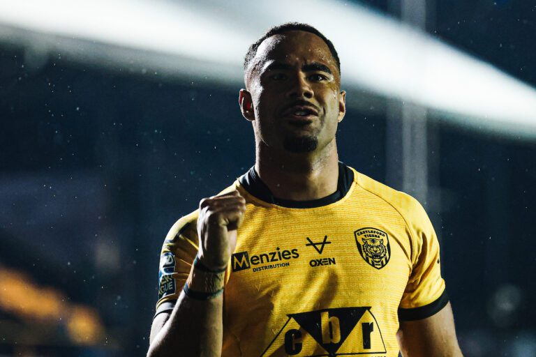 Picture by Alex Whitehead/SWpix.com - 26/03/2026 - Rugby League - Betfred Super League: Round 6 - Castleford Tigers vs Bradford Bulls - The OneBore Stadium, Castleford, England - Jason Qareqare of Castleford celebrates the win