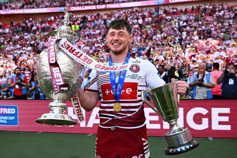 Picture by Olly Hassell/SWpix.com - 30/05/2026 - Rugby League - Betfred Challenge Cup Final - Wigan Warriors v Hull KR - Wembley Stadium, London, England - WIgan's Jack Farrimond with the Betfred Challenge Cup trophy and Lance Todd Man of the Match trophy after victory over Hull KR.