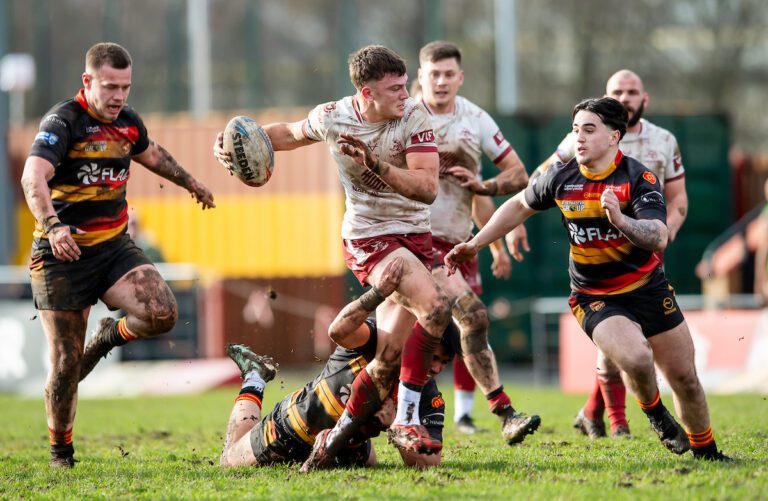 Picture by Allan McKenzie/SWpix.com - 21/02/2026 - Rugby League - Betfred Championship - Dewsbury Rams v Goole Vikings - Flair Stadium, Dewsbury, England - Goole's Jaylen Hodgson.